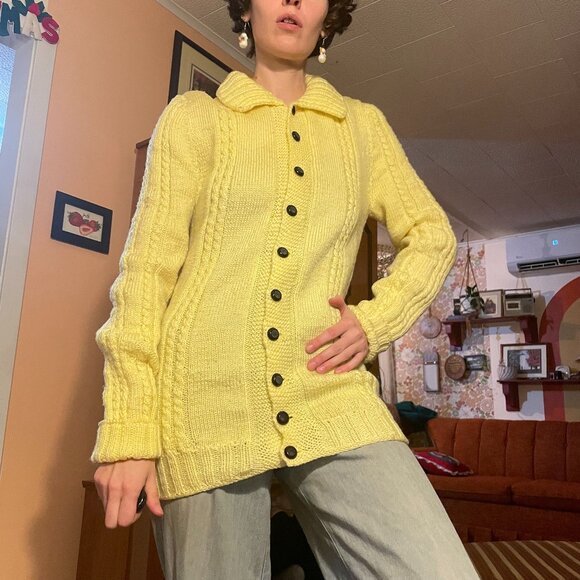 hand made Sweaters - 1960s vintage handknit yellow cable knit bodycon fishermans cardigan!